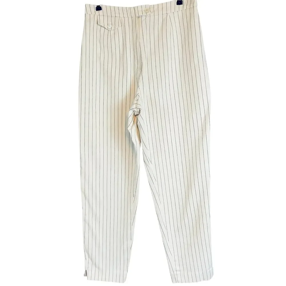 Burberry Navy White Pinstripe High Rise Pants Trousers Luxury Slacks Size 12 - Picture 2 of 7